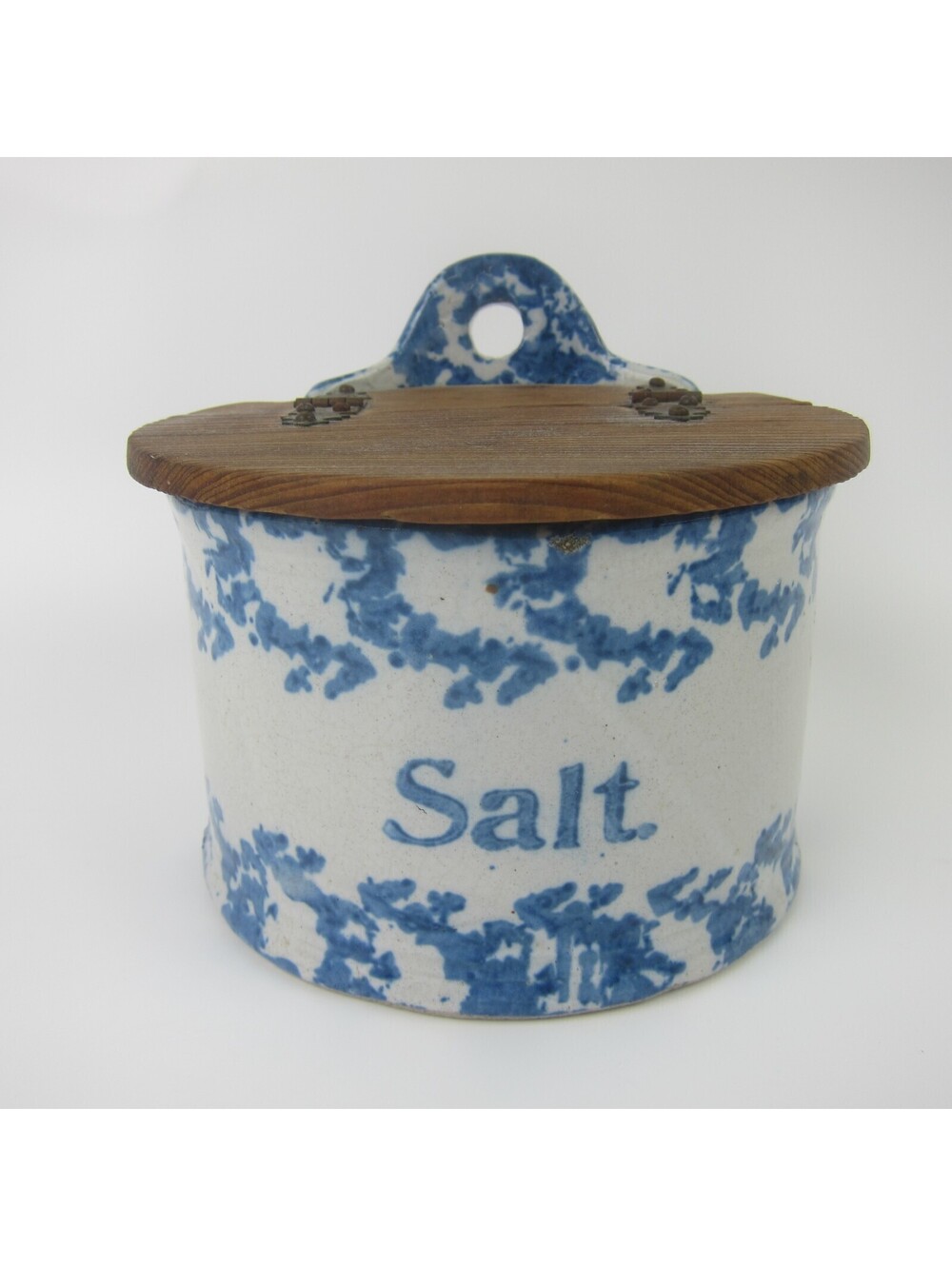 Antique Stoneware Salt Crock Blue & White Spongeware Hanging with Wood Lid RARE